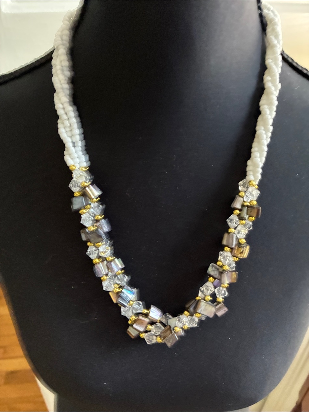 257 White Beaded Necklace with Iridescent and Gold Accent Beads